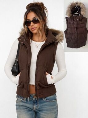 Y2K Aeropostale Chocolate Brown Puffer Vest with Detachable Fur Hood